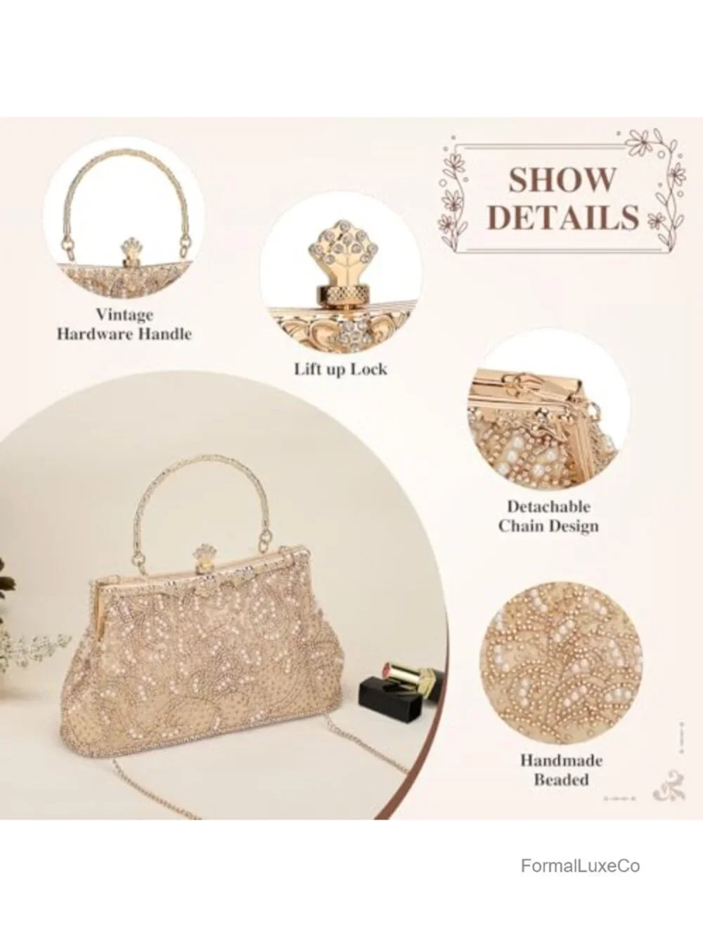 Vintage Beaded Clutch Evening Bag with Chain Formal Wedding Prom Party